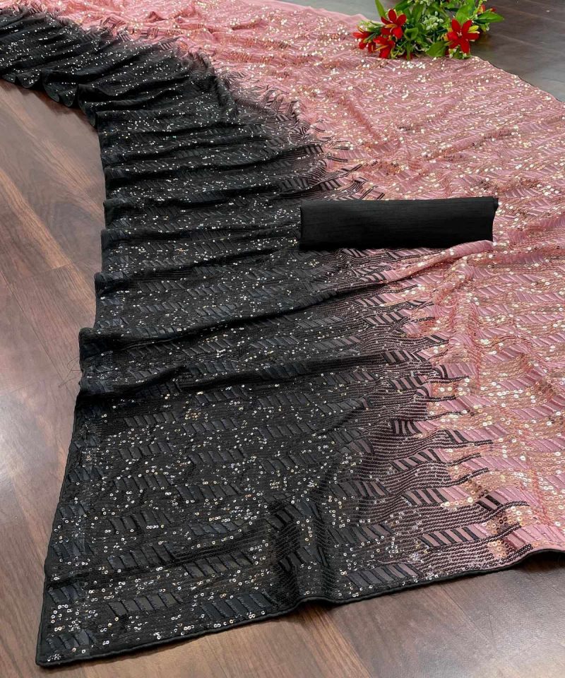 Printed Faux Georgette With Dual Sequins Embroidered Work Saree GE03 - Image 3