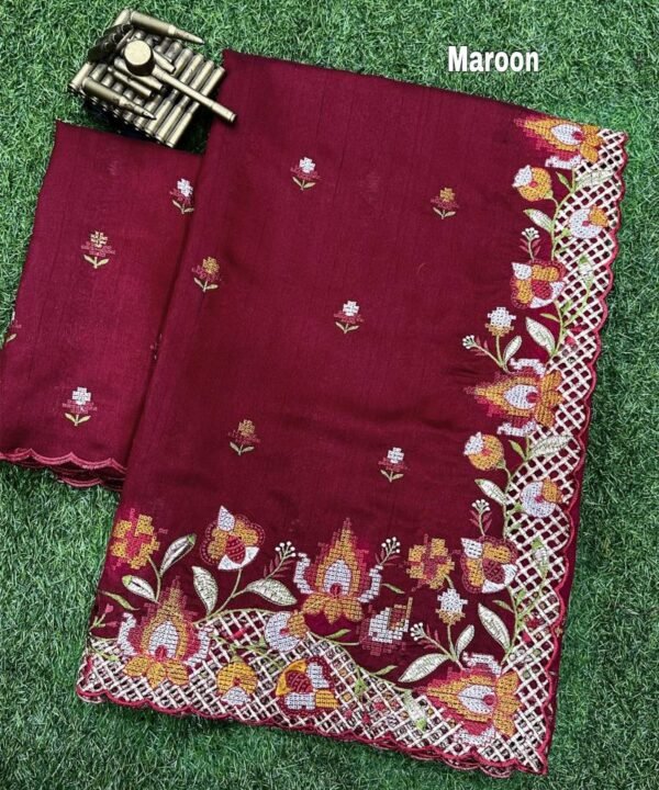 Designer Visca Slub Silk Saree With Cut Work VS07