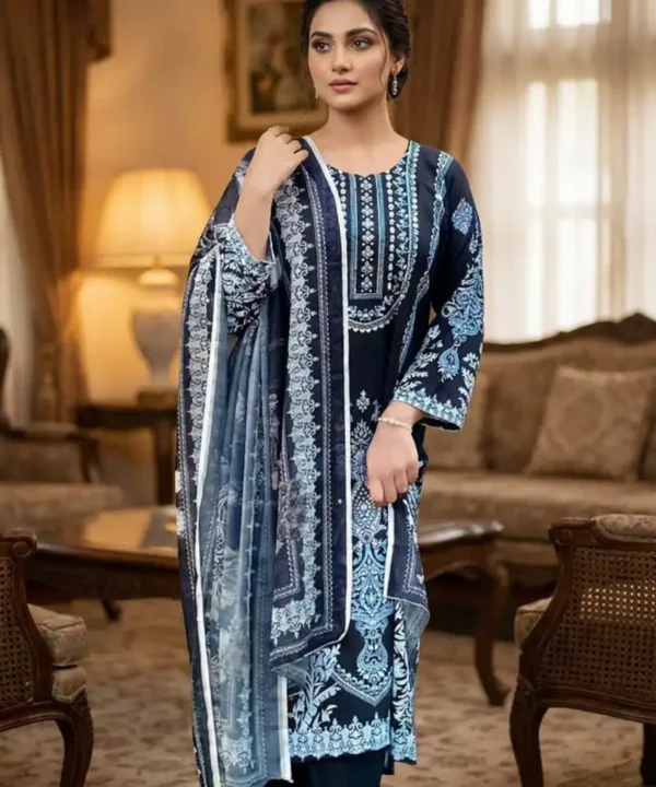 Premium Digital Print Three Piece | Exclusive Hand Karchupi Work (Dubai Cherry) DC20