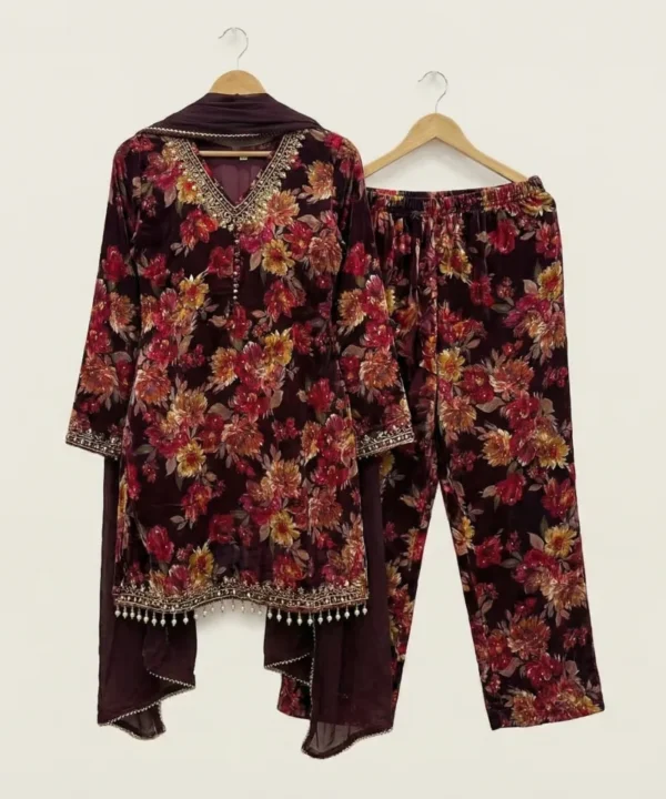 DC22 (4) Premium Dubai Cherry Digital Print Three Piece | Hand Karchupi Work DC23