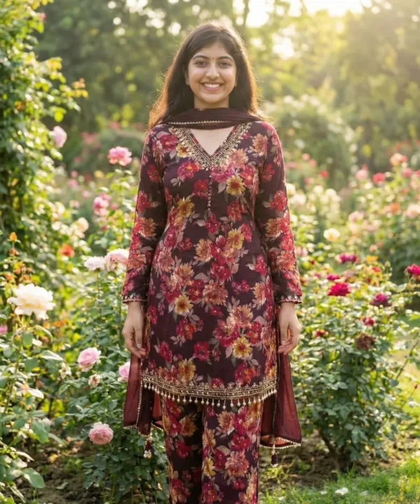 DC22 (5) Premium Dubai Cherry Digital Print Three Piece | Hand Karchupi Work DC23