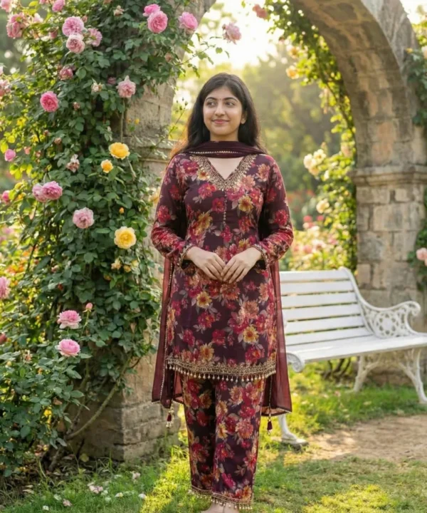 DC22 (6) Premium Dubai Cherry Digital Print Three Piece | Hand Karchupi Work DC23