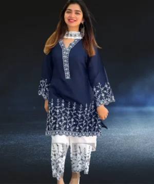 SC71 (1) Premium Soft Cotton Embroidery Three Piece | Chiffon Orna & Butterfly Salwar SC71