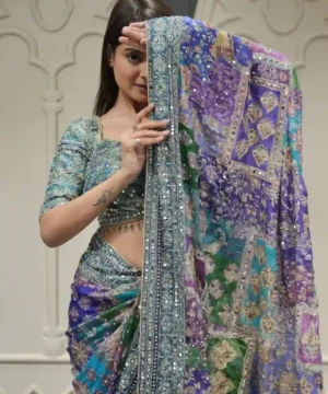 Premium Soft Chinnon Silk Saree | Gold Zari & Hand Real Mirror Work
