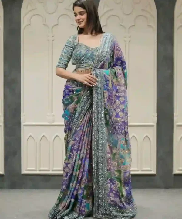 Premium Soft Chinnon Silk Saree Gold Zari & Hand Real Mirror Work (2) Premium Soft Chinnon Silk Saree | Gold Zari & Hand Real Mirror Work