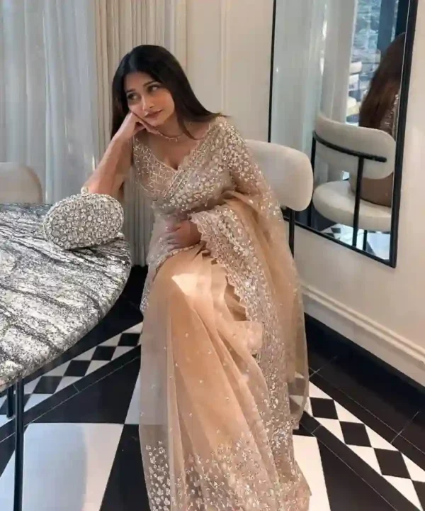 Pure Soft Net Sequence Work Saree | Indian Party Wear (With Blouse Piece)