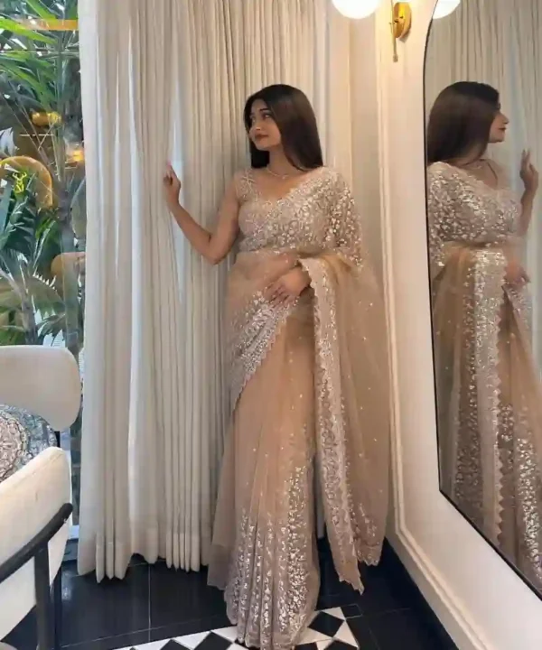 Pure Soft Net Sequence Work Saree | Indian Party Wear (With Blouse Piece)