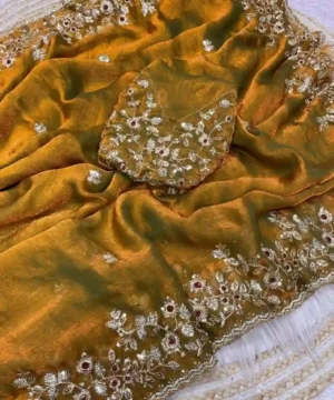 Beautiful Frendy Chiffon Sequence Work Saree | Heavy Sequins Blouse (Unstitched)