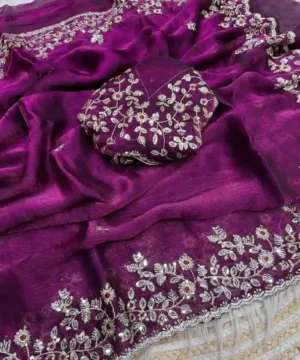 Beautiful Frendy Chiffon Sequence Work Saree | Heavy Sequins Blouse (Unstitched)
