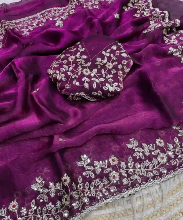 Beautiful Frendy Chiffon Sequence Work Saree | Heavy Sequins Blouse (Unstitched)