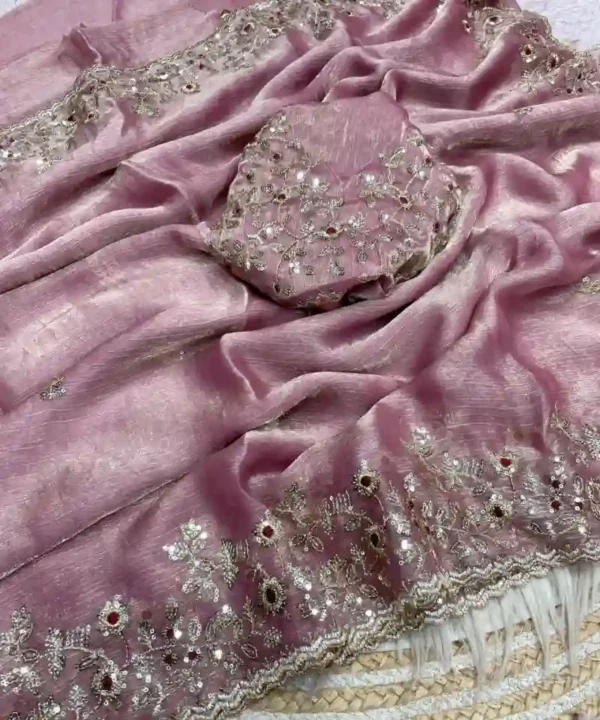Beautiful Frendy Chiffon Sequence Work Saree | Heavy Sequins Blouse (Unstitched)
